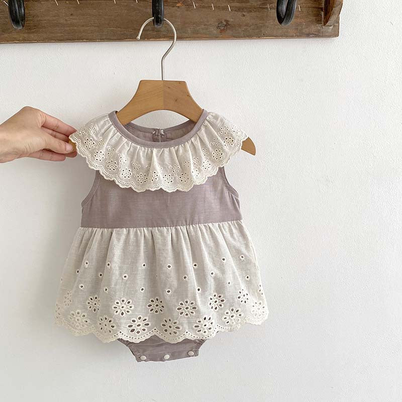 Summer New Design Baby Girls Flowers Hollow Out Pattern Sleeveless Patchwork Onesies-4
