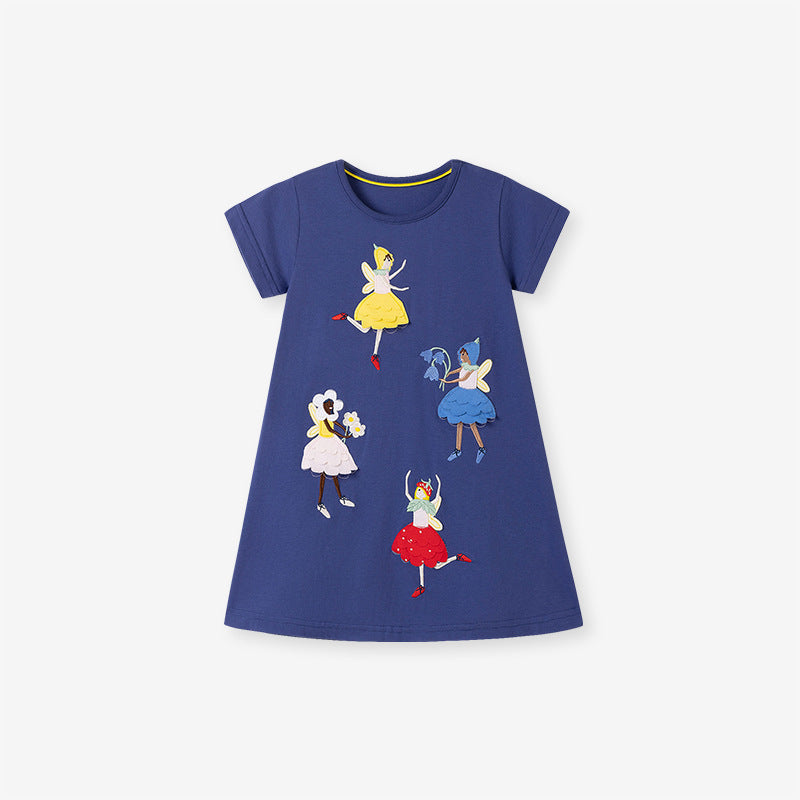 Summer Arrival Cartoon Dancers Pattern Short Sleeves Dress for Stylish Girls-4